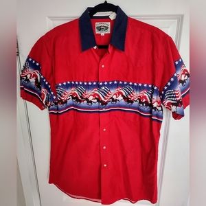 Cumberland Outfitters Men's SS Large Pearl Snap Western Shirt Flags & Horses USA